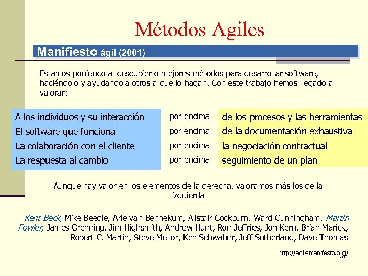 Métodos Agiles Manifiesto ágil (2001) Estamos poniendo al descubierto mejores métodos para desarrollar software,