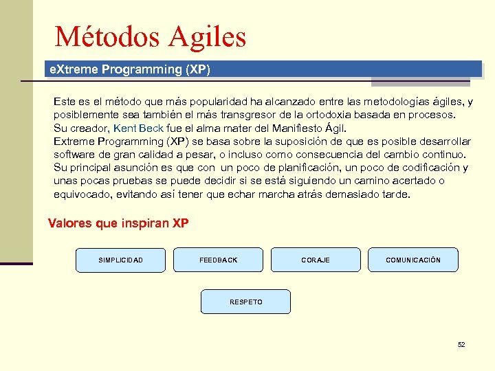 Métodos Agiles e. Xtreme Programming (XP) Este es el método que más popularidad ha