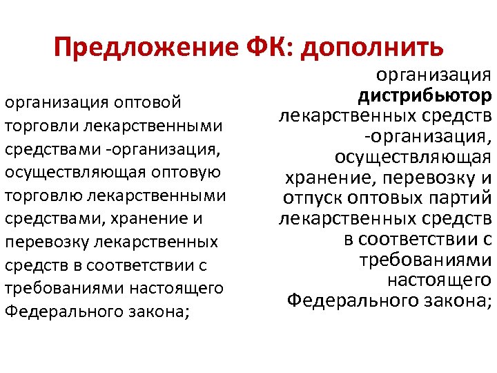 Предложение ФК: дополнить организация оптовой торговли лекарственными средствами -организация, осуществляющая оптовую торговлю лекарственными средствами,