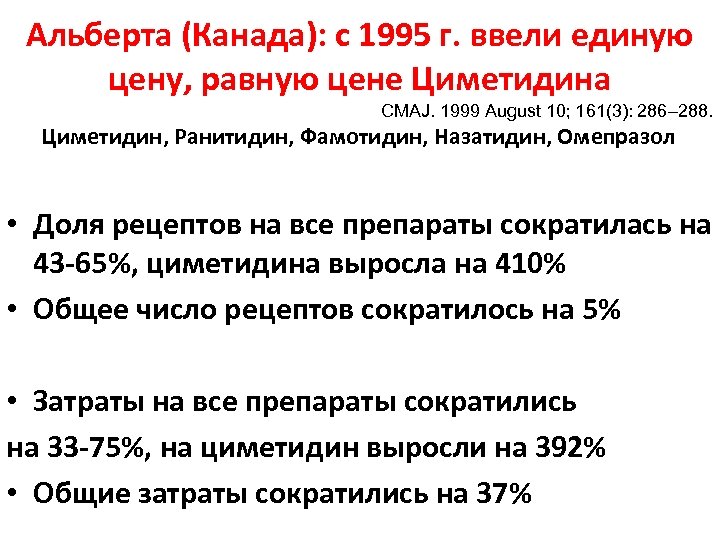 Альберта (Канада): с 1995 г. ввели единую цену, равную цене Циметидина CMAJ. 1999 August