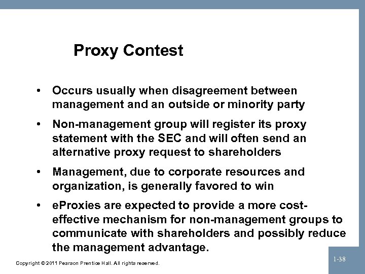 Proxy Contest • Occurs usually when disagreement between management and an outside or minority