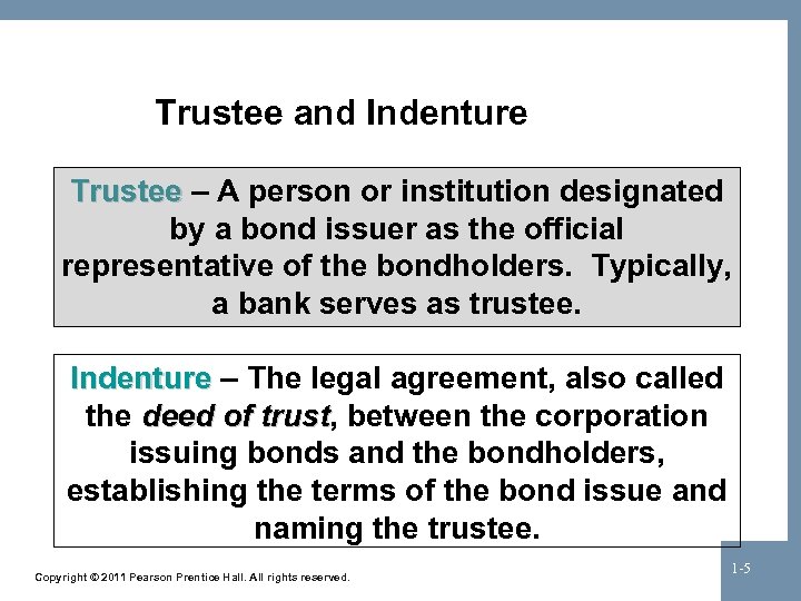 Trustee and Indenture Trustee – A person or institution designated by a bond issuer