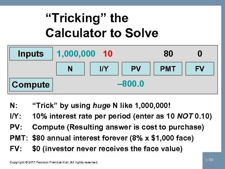 “Tricking” the Calculator to Solve Inputs 1, 000 10 N Compute N: I/Y: PV: