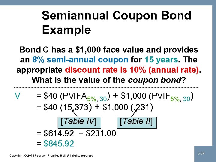 Semiannual Coupon Bond Example Bond C has a $1, 000 face value and provides