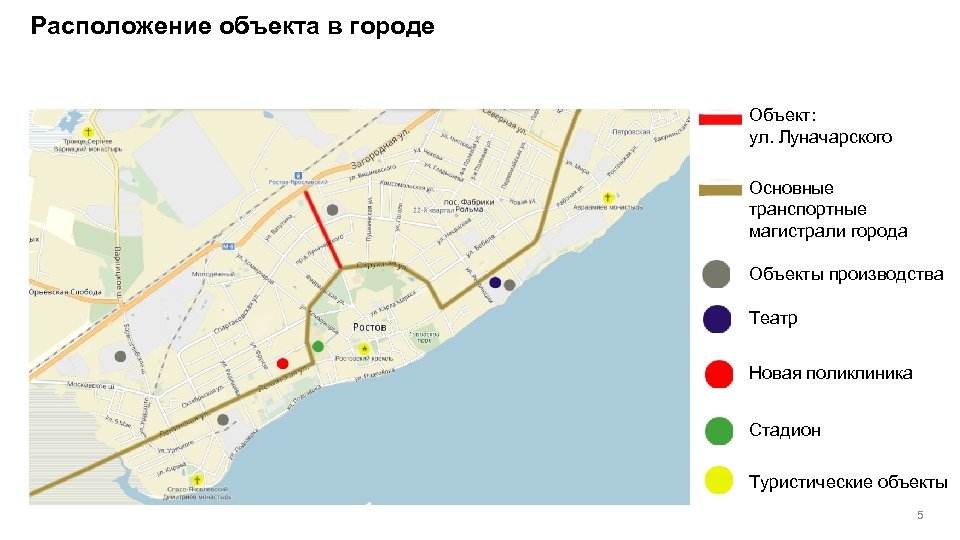 Расположение объекта в городе Объект: ул. Луначарского Основные транспортные магистрали города Объекты производства Театр