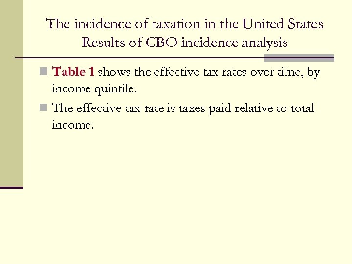 The incidence of taxation in the United States Results of CBO incidence analysis n