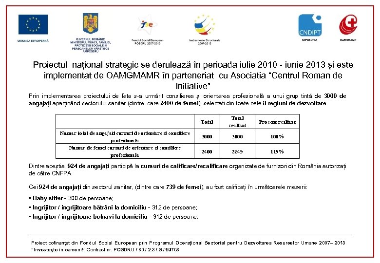 Proiectul național strategic se derulează în perioada iulie 2010 - iunie 2013 și este