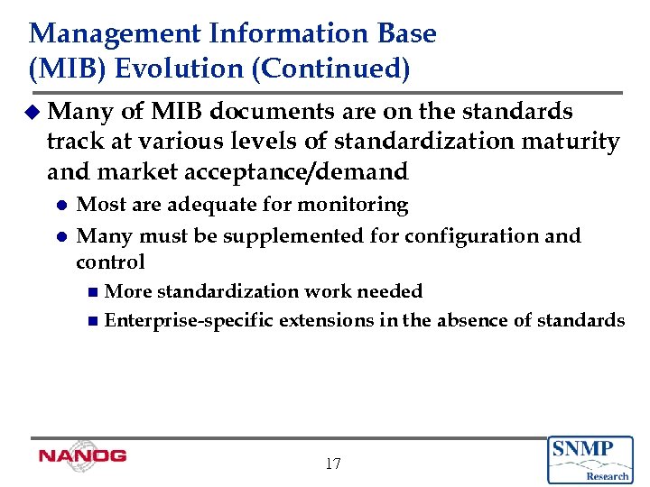 Management Information Base (MIB) Evolution (Continued) u Many of MIB documents are on the