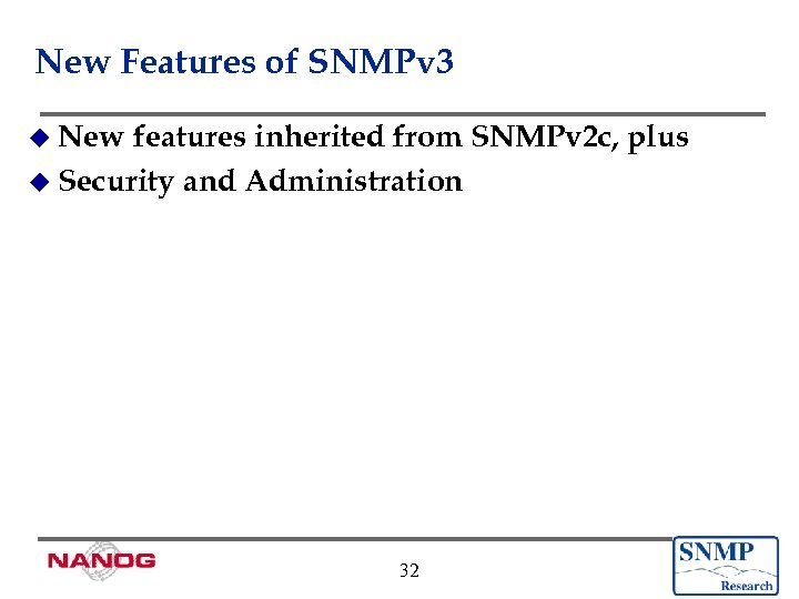 New Features of SNMPv 3 u New features inherited from SNMPv 2 c, plus