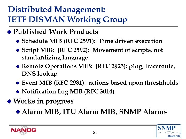 Distributed Management: IETF DISMAN Working Group u Published l l l Work Products Schedule