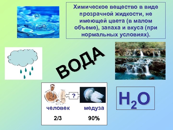 Химическое вещество в виде прозрачной жидкости, не имеющей цвета (в малом объеме), запаха и