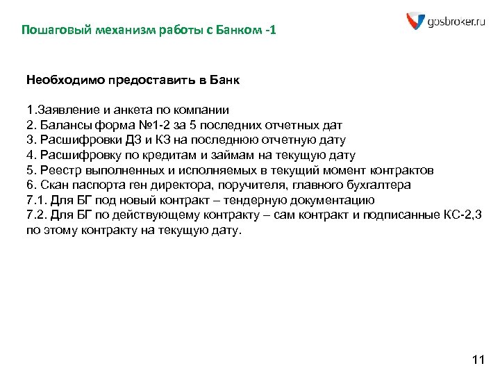 Пошаговый механизм работы с Банком -1 Необходимо предоставить в Банк 1. Заявление и анкета