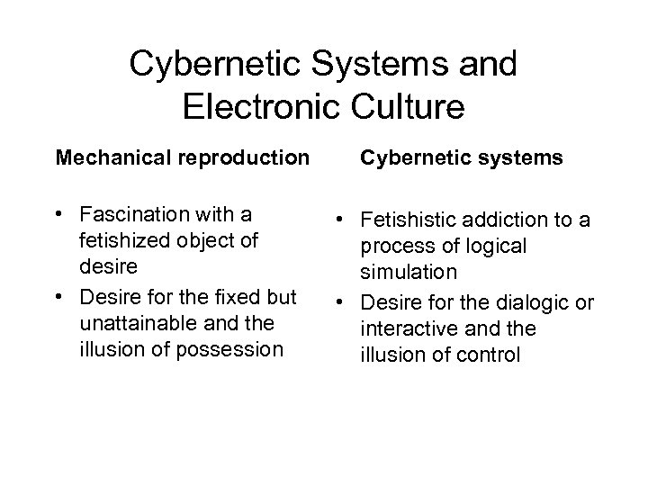 Cybernetic Systems and Electronic Culture Mechanical reproduction • Fascination with a fetishized object of