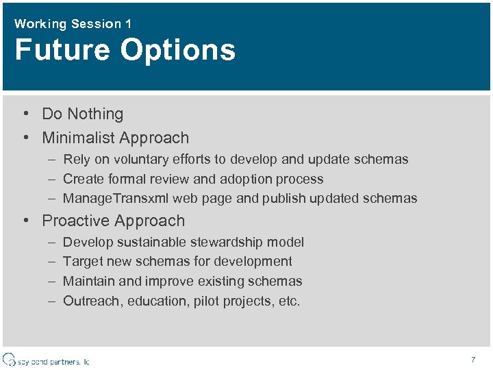 Working Session 1 Future Options • Do Nothing • Minimalist Approach – Rely on
