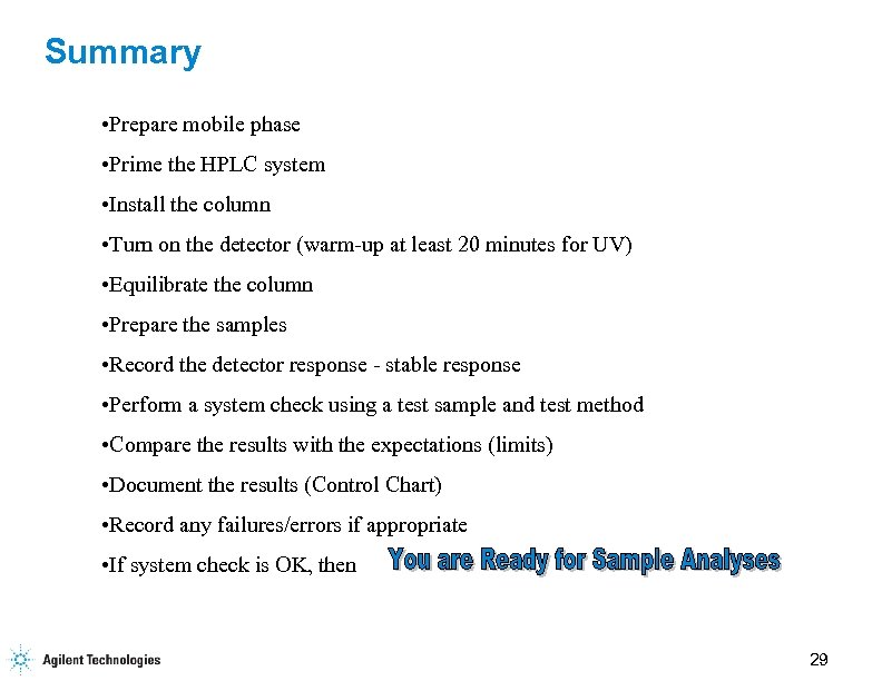 Summary • Prepare mobile phase • Prime the HPLC system • Install the column