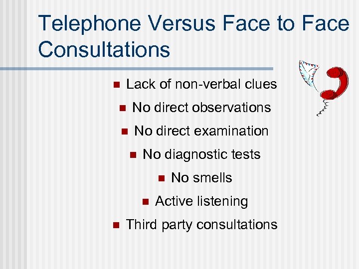 Telephone Versus Face to Face Consultations n Lack of non-verbal clues n No direct