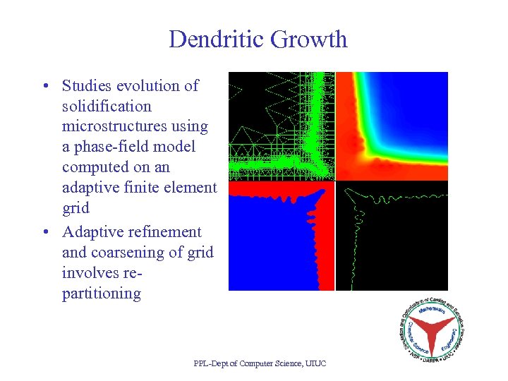 Dendritic Growth • Studies evolution of solidification microstructures using a phase-field model computed on