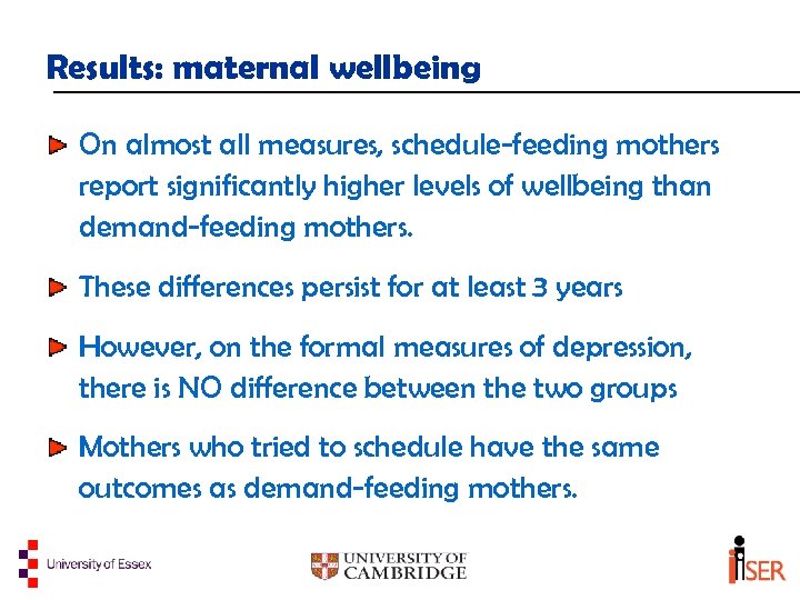 Results: maternal wellbeing On almost all measures, schedule-feeding mothers report significantly higher levels of