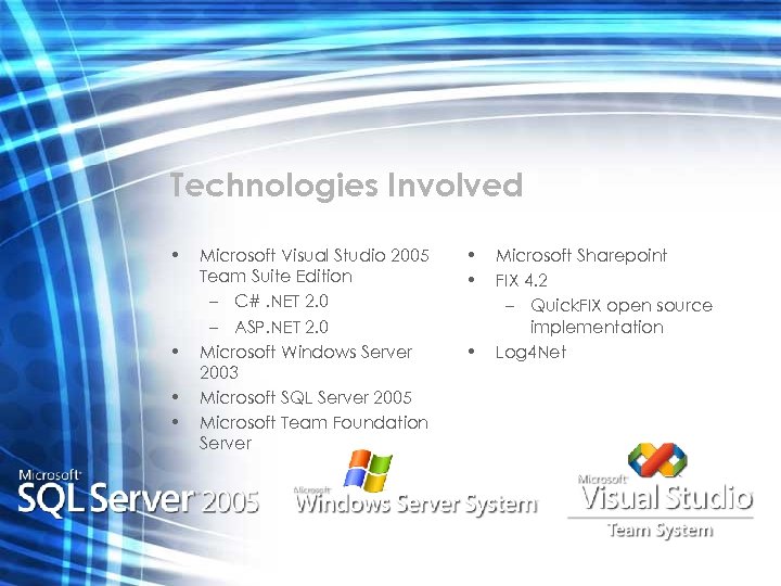 Technologies Involved • • Microsoft Visual Studio 2005 Team Suite Edition – C#. NET