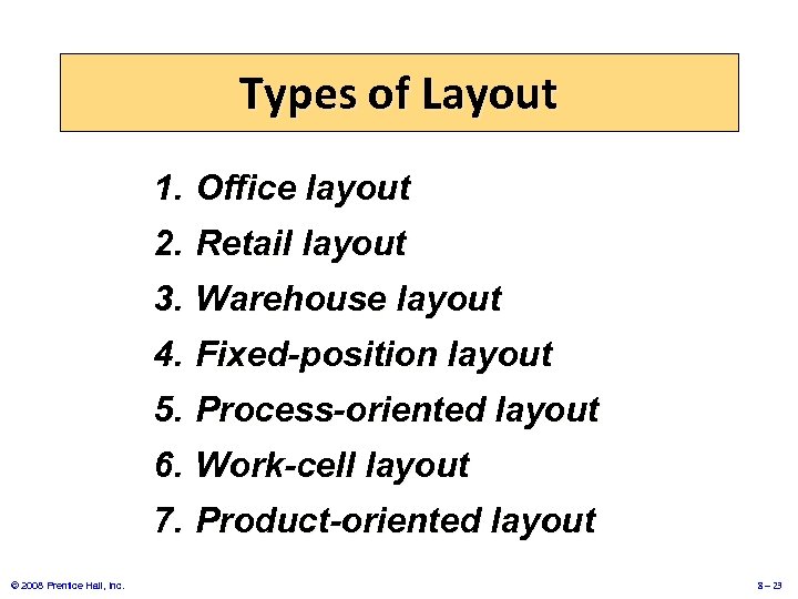 Types of Layout 1. Office layout 2. Retail layout 3. Warehouse layout 4. Fixed-position