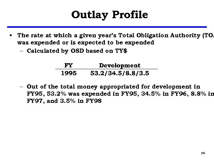 Outlay Profile • The rate at which a given year’s Total Obligation Authority (TOA