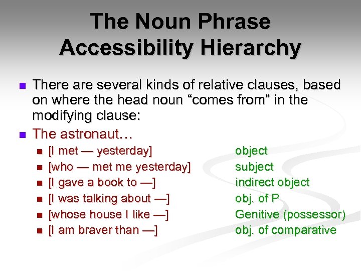 The Noun Phrase Accessibility Hierarchy n n There are several kinds of relative clauses,