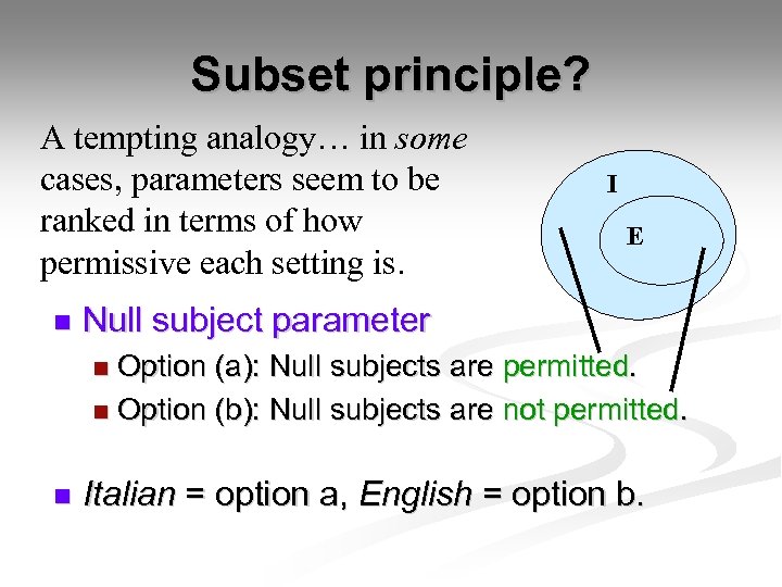Subset principle? A tempting analogy… in some cases, parameters seem to be ranked in