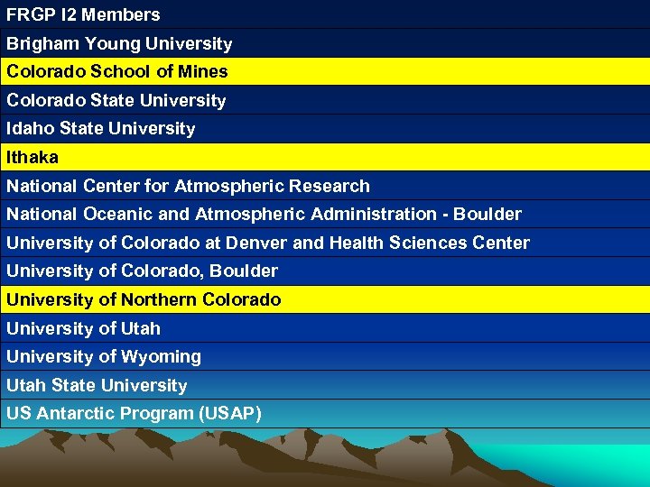 FRGP I 2 Members Brigham Young University Colorado School of Mines Colorado State University