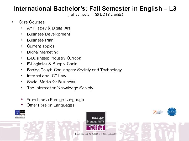 International Bachelor’s: Fall Semester in English – L 3 (Full semester + 30 ECTS