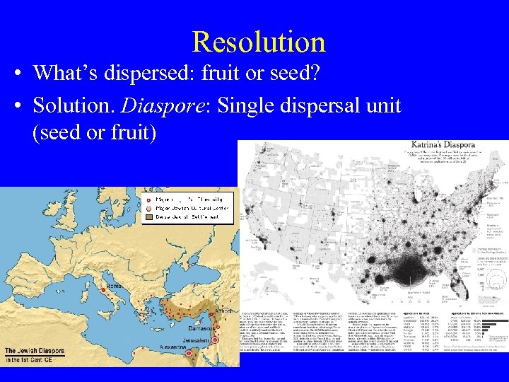 Resolution • What’s dispersed: fruit or seed? • Solution. Diaspore: Single dispersal unit (seed