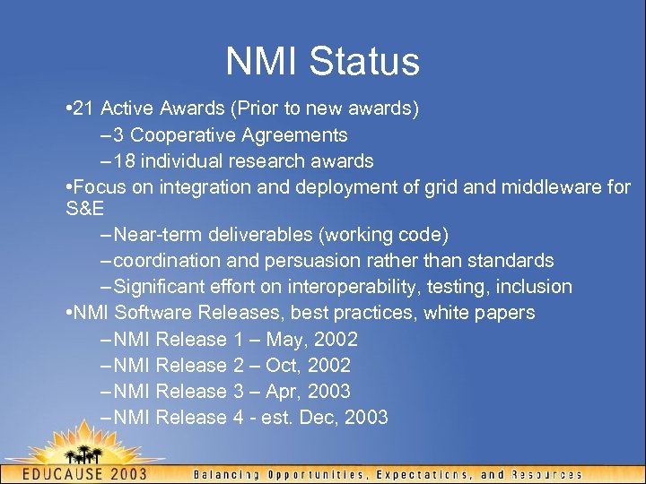 NMI Status • 21 Active Awards (Prior to new awards) – 3 Cooperative Agreements