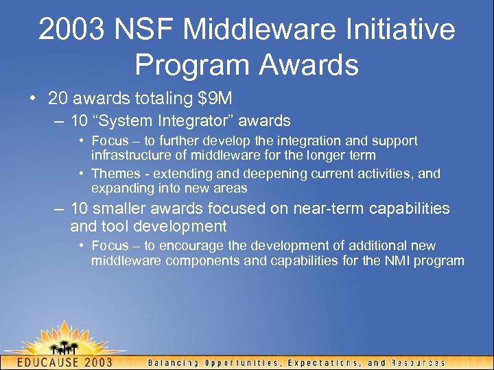 2003 NSF Middleware Initiative Program Awards • 20 awards totaling $9 M – 10