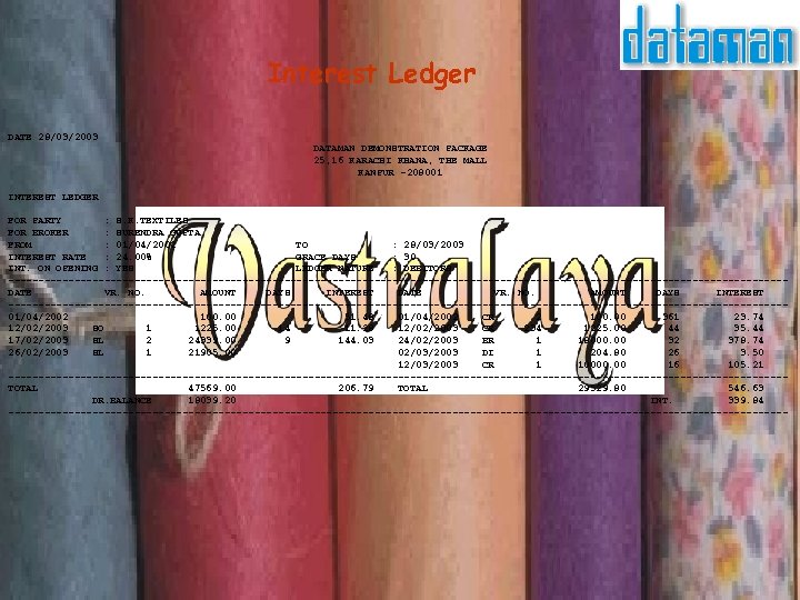Interest Ledger DATE 28/03/2003 DATAMAN DEMONSTRATION PACKAGE 25, 16 KARACHI KHANA, THE MALL KANPUR