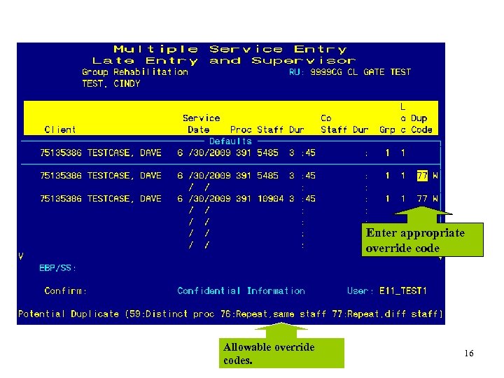 Enter appropriate override code Allowable override codes. 16 