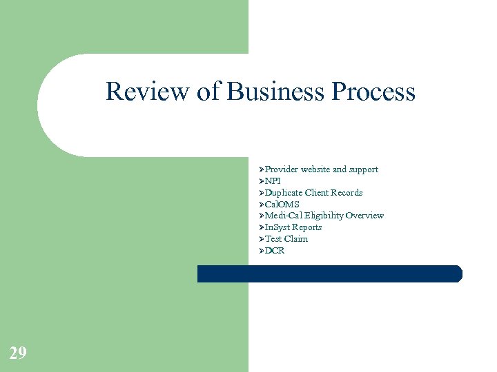 Review of Business Process ØProvider website and support ØNPI ØDuplicate Client Records ØCal. OMS