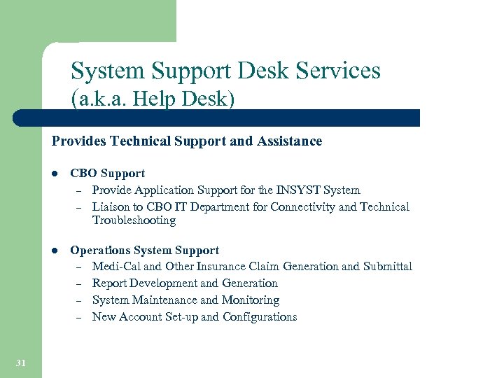 System Support Desk Services (a. k. a. Help Desk) Provides Technical Support and Assistance