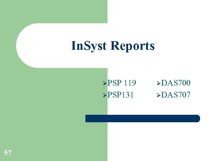 In. Syst Reports ØPSP 119 ØPSP 131 57 ØDAS 700 ØDAS 707 