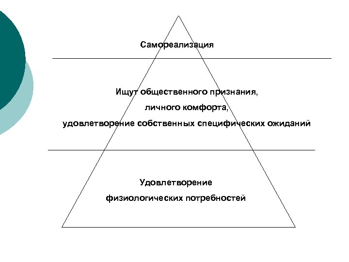 Самореализация Ищут общественного признания, личного комфорта, удовлетворение собственных специфических ожиданий Удовлетворение физиологических потребностей 