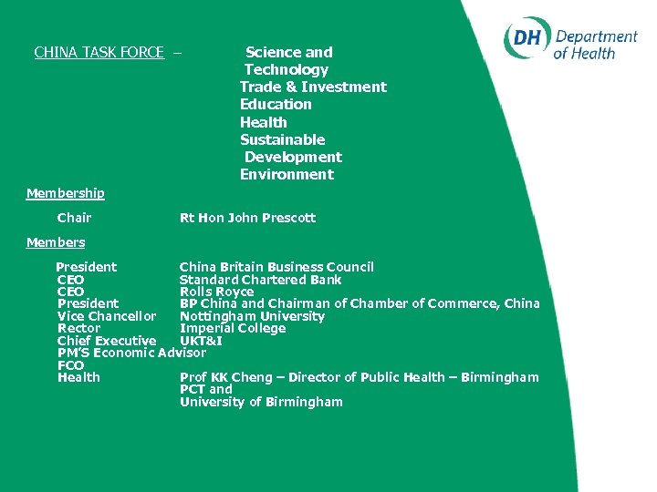 CHINA TASK FORCE – Science and Technology Trade & Investment Education Health Sustainable Development