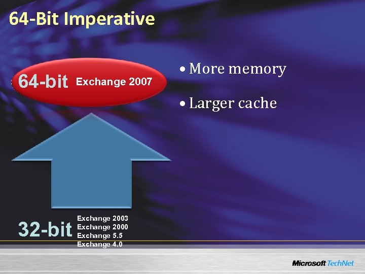 64 -Bit Imperative 64 -bit Exchange 2007 • More memory • Larger cache 32