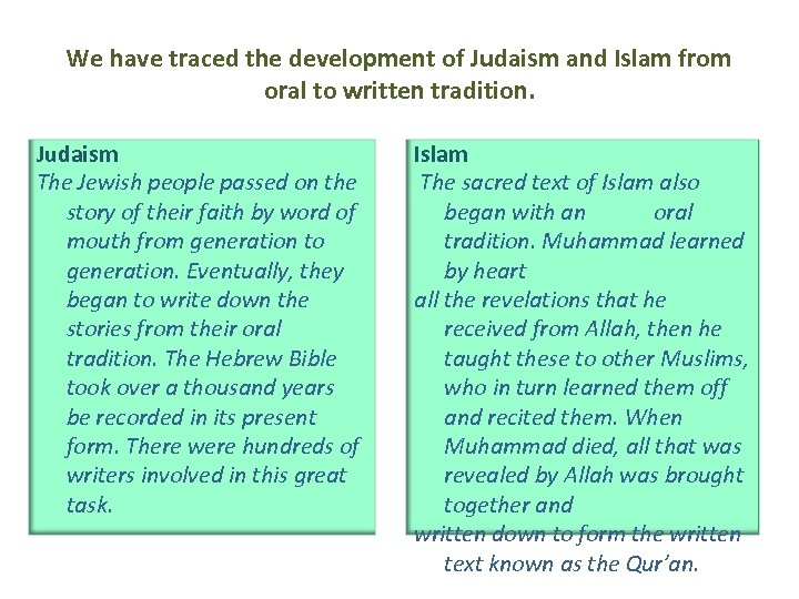 We have traced the development of Judaism and Islam from oral to written tradition.