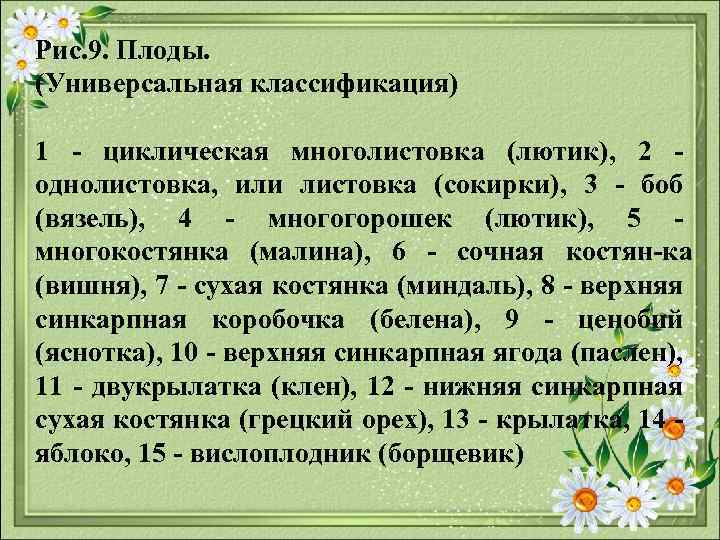 Рис. 9. Плоды. (Универсальная классификация) 1 циклическая многолистовка (лютик), 2 однолистовка, или листовка (сокирки),