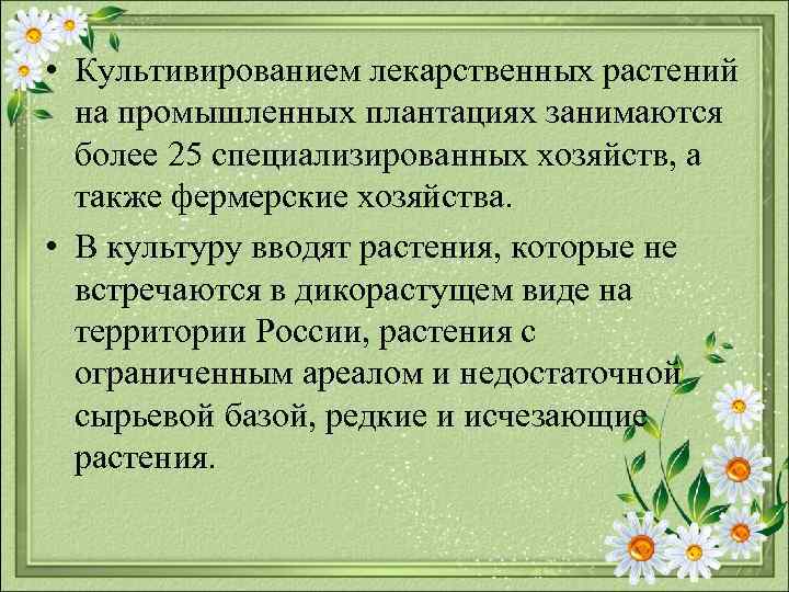  • Культивированием лекарственных растений на промышленных плантациях занимаются более 25 специализированных хозяйств, а