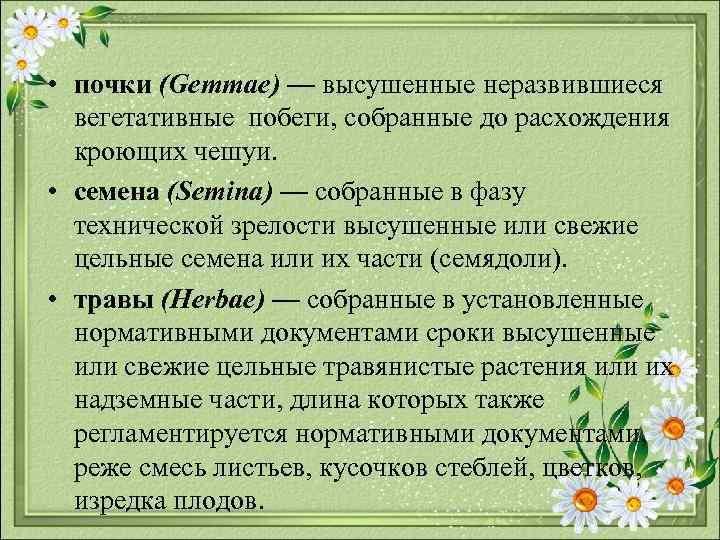  • почки (Gemmae) — высушенные неразвившиеся вегетативные побеги, собранные до расхождения кроющих чешуи.