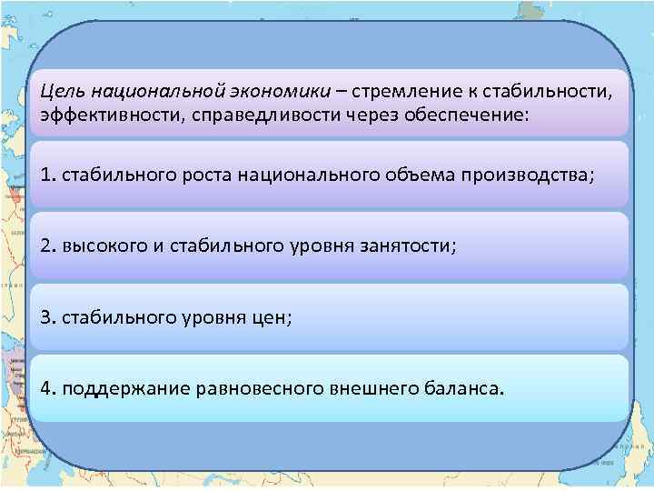 Цель национальной экономики – стремление к стабильности, эффективности, справедливости через обеспечение: 1. стабильного роста