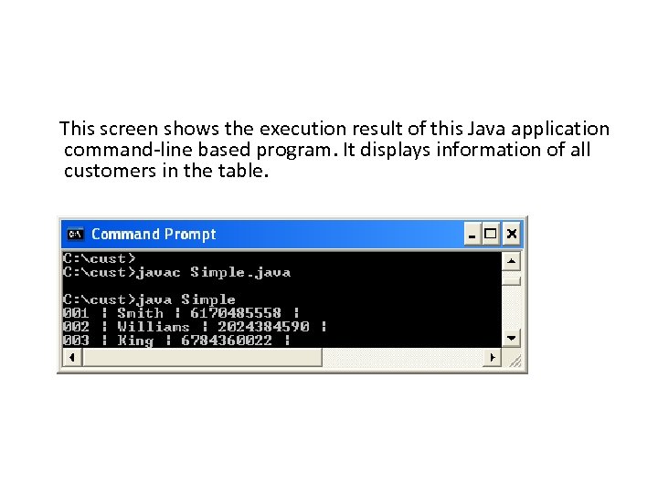  This screen shows the execution result of this Java application command-line based program.