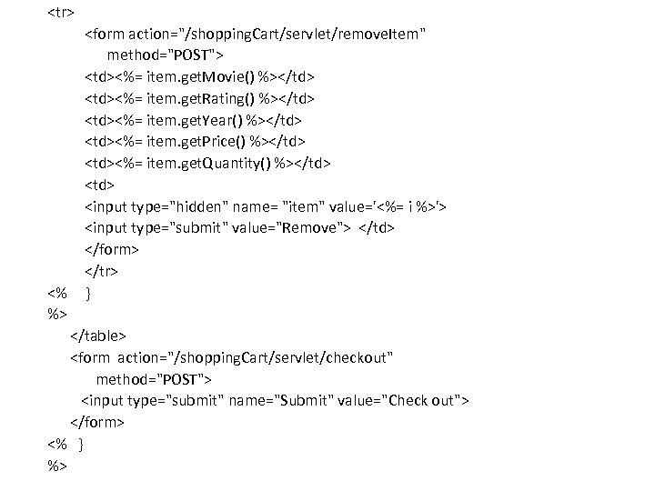 <tr> <form action="/shopping. Cart/servlet/remove. Item" method="POST"> <td><%= item. get. Movie() %></td> <td><%= item. get.