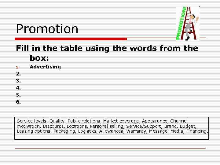 Promotion Fill in the table using the words from the box: 1. Advertising 2.