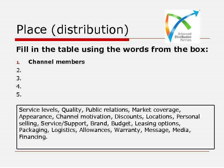 Place (distribution) Fill in the table using the words from the box: 1. Channel