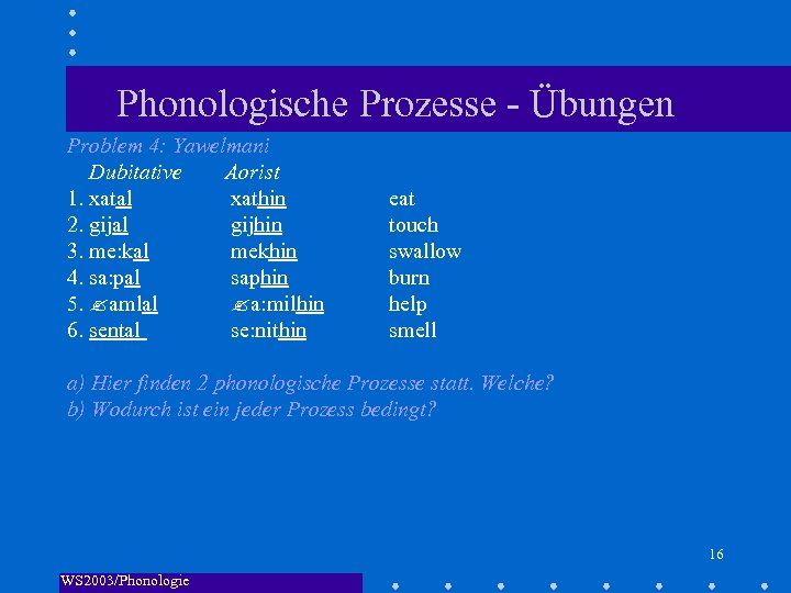 Phonologische Prozesse - Übungen Problem 4: Yawelmani Dubitative Aorist 1. xatal xathin 2. gijal